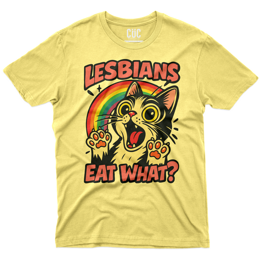 CUC T-Shirt LE$BIANS EAT WHAT? - divertente - pride - umorismo - cat - gatto arcobaleno #chooseurcolor
